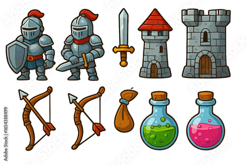 Set of medieval fantasy game icons. Cartoon vector illustration of a knight in armor, castle tower, magic potion, bow, arrow, and sword. RPG elements for video game interface.