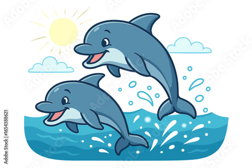 Playful dolphins jumping and swimming in ocean waves under bright yellow sun with clouds. Cartoon style marine animals vector illustration. Happy smiling dolphins splashing water in tropical sea.