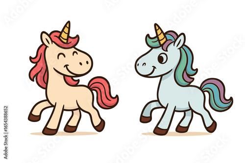 Whimsical Cartoon Unicorn Vector Illustration Pair Walking Joyfully, Cute Fantasy Animals with Colorful Manes and Horns, Playful Style, Transparent Background, Magical Creature Concept Art