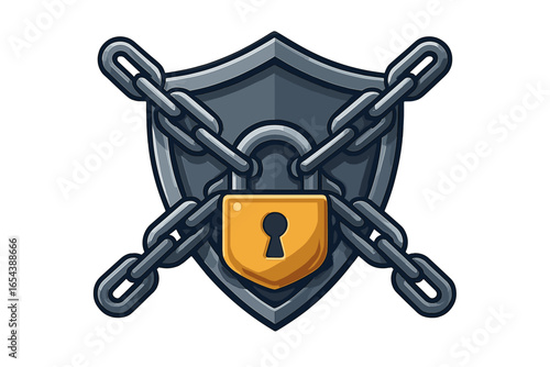 Security shield with crossed chains and padlock, strong protection and defense concept, safety and privacy symbol, vector cartoon illustration, secure access metaphor, trustworthy safeguard
