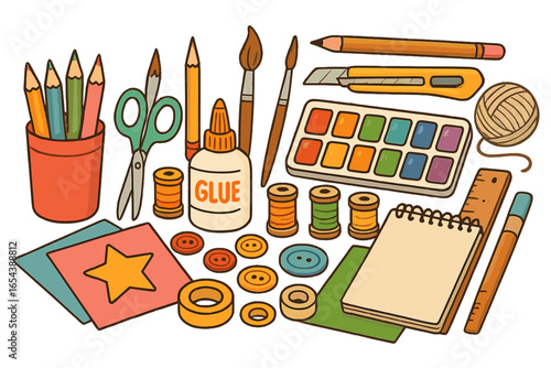 Art and craft supplies set. Creative hobby tools and materials. School stationery for drawing and handmade. Paint, pencil, scissors, glue, thread, buttons. DIY vector cartoon.