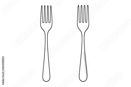Modern vector illustration of two simple elegant fork designs, minimalist kitchen utensils, clean lines, cartoon style concept, isolated on transparent background, culinary tools, cutlery collection