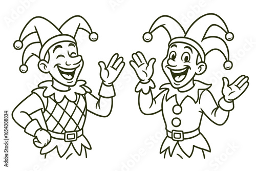 Playful jester cartoon character set. Happy festival costume, distinct hats, gesture pose, smiling facial expressions. Black and white outline drawing. Carnival, entertainment, harlequin, vector art.