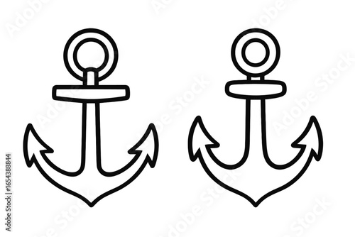 Nautical anchors vector set. Two simple anchor designs black and white. Different anchor styles, shapes, marine symbol. Hand drawn outline illustration. Clean background. Maritime graphic resource.