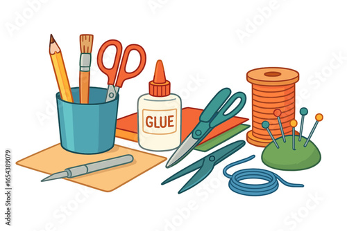 Crafting tools and supplies set for DIY creativity. Scissors, glue, pencils, thread, fabric, and paper displayed on workspace. Cartoon vector illustration for arts, crafts, sewing, handmade projects.