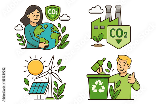 Eco-friendly practices and carbon footprint reduction concept illustration. Renewable energy, green recycling, wind, solar power, sustainable earth protection, CO2 emission control. Vector cartoon.