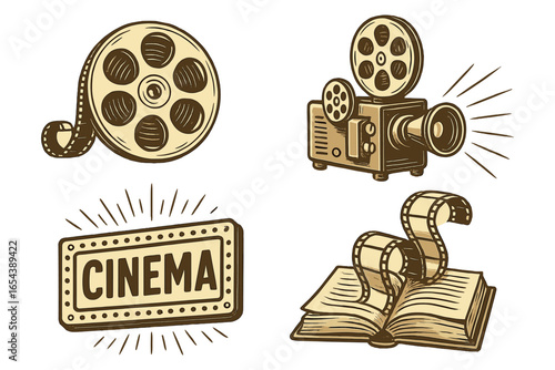 Vintage cinema icons collection. Film reel, classic movie projector, retro cinema sign, storybook with filmstrip. Cinematic history, storytelling, movie industry, filmmaking, entertainment vector set.