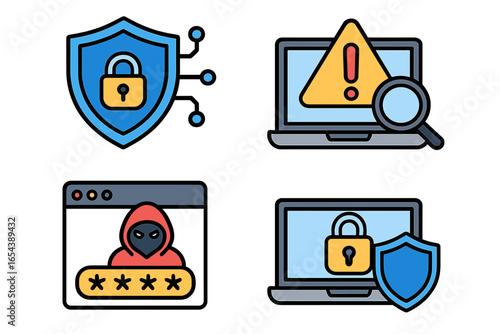 Cybersecurity icon set. Hacker attack, phishing, and data protection concept. Digital security, network defense, and threat recognition symbols. Vector cartoon illustration.