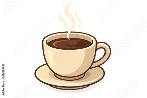 Steaming hot coffee cup on saucer inviting cozy relaxation, morning cafe comfort, beverage break illustration, cartoon vector warm drink icon, fresh espresso steam aroma concept art