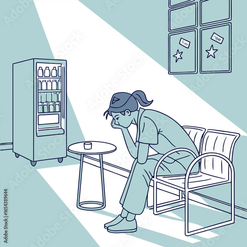 Tired nurse sitting in breakroom during long shift generated by ai