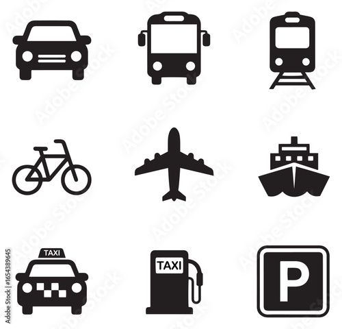 Black Silhouette Transportation and Travel Icon Set – Car, Bus, Train, Bicycle, Airplane, Ship, Taxi, Gas Station and Parking Symbols | Minimal Vector Pictogram Pack for Navigation, Public Signs, Maps