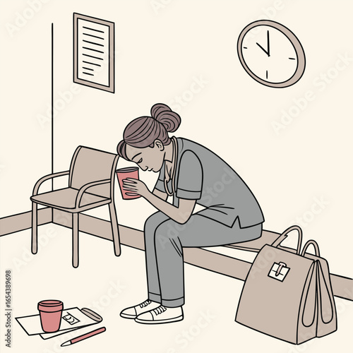 Tired nurse sitting in breakroom during long shift generated by ai