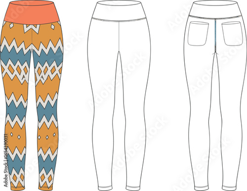 Cad drawing flat vector illustration, leggings front and back view, fashion technical sketch, geometric pattern, apparel template, clothing design
