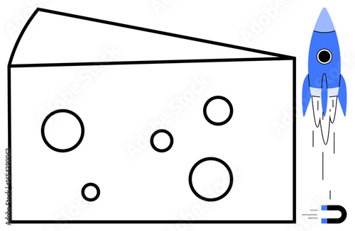 Blue rocket launching next to a triangular Swiss cheese block with round holes. Ideal for innovation, exploration, creativity, dreaming, science, imagination, futuristic vision themes, simple flat