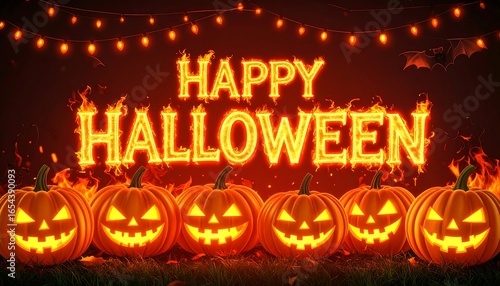 Halloween greeting with pumpkins and flames