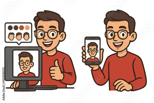 Digital avatar creation concept. Man at computer with character builder. Customizing profile picture. User holds phone with social media avatar. Online identity. Vector cartoon set.
