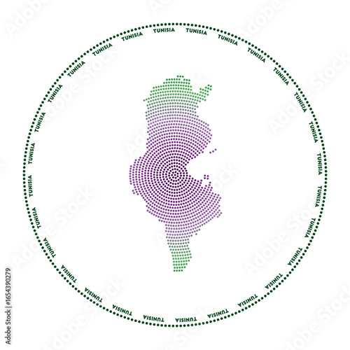 Tunisia round logo. Digital style shape of Tunisia in dotted circle with country name. Tech icon of the country with gradiented dots. Charming vector illustration.