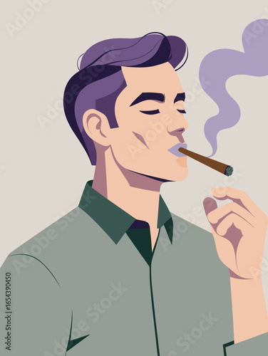 Modern minimalist portrait of a man in a shirt, smoking a cigar, created with bold geometric lines and flat contrasting shapes in a cubist, poster-like style.