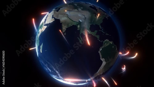 Planet Earth with rockets flying through space during military conflict. Concept of war and destruction.