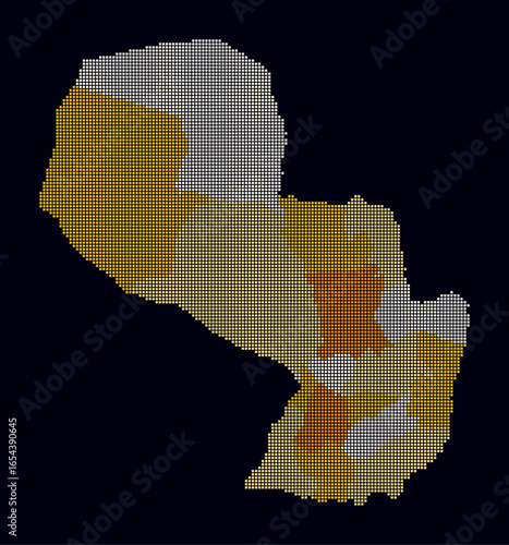Paraguay dotted map. Digital style map of the country on dark background. Paraguay shape with square dots. Colored dots style. Small size squares. Plain vector illustration.
