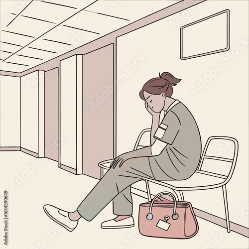 Tired nurse sitting in breakroom during long shift generated by ai