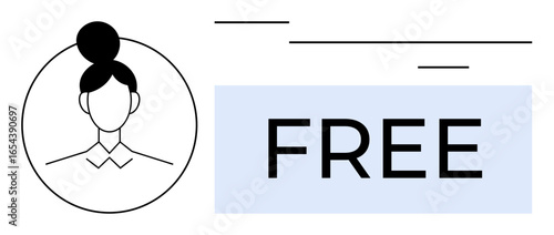 Female avatar in circular frame beside FREE text in light blue box with clean lines. Ideal for user profile, free feature, accessibility, networking, service, promotion, and branding. Simple flat