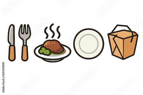 Dining icon set for restaurant and food delivery. Vector cartoon illustration of utensils, steaming hot meal, empty plate, and Chinese food takeaway container for takeout.