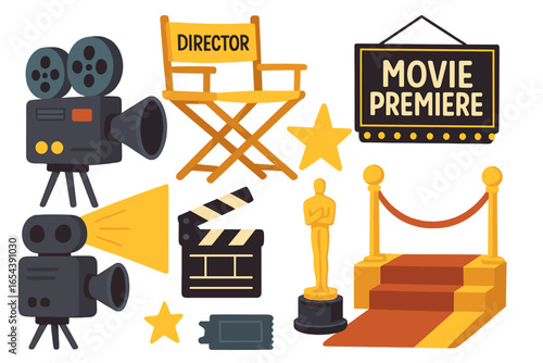 Film production elements set. Cinema movie premiere icons. Vector collection with director chair, camera, clapperboard, award statue, red carpet. Filmmaking & Hollywood concept.