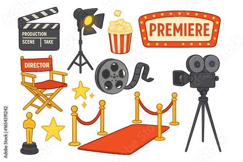 Movie production and cinema premiere icon set. Hollywood filmmaking elements like director chair, film camera, clapperboard, red carpet, award. Vector cartoon illustration.