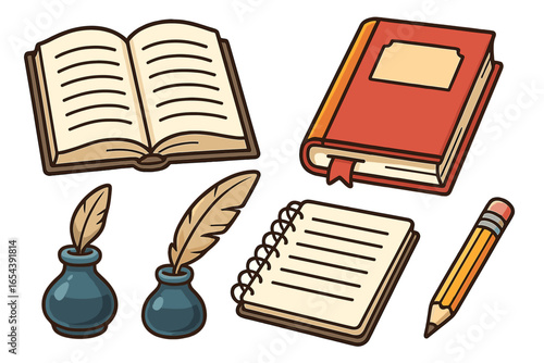 Set of cartoon writing tools. Vector illustration of books, notebook, pencil, and classic ink quill pen. Concept for literature, education, library, school, and creative writing.