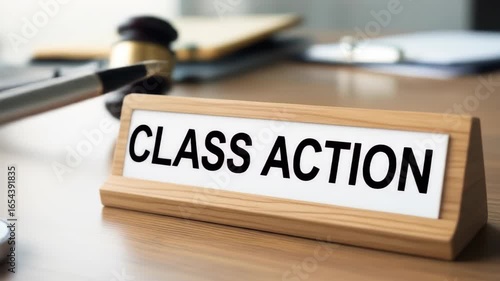 Concept of class action lawsuit displayed on a wooden sign at court office