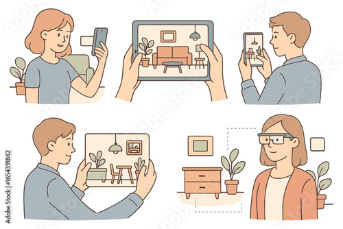 Augmented reality interior design app. People use phone, tablet, smart glasses for home decoration. AR technology for furniture arrangement. Virtual room planner vector set.