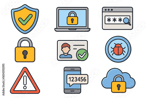 Digital security icon set. Cybersecurity and data protection concepts. Vector icons for online safety, password authentication, cloud storage, virus scan and network privacy.