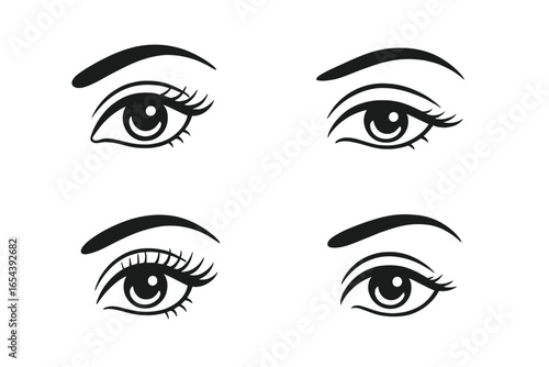 Set of female eyes with different eyelash extension styles. Woman eye and eyebrow icons. Beauty salon logo, makeup, cosmetology concept. Black and white vector illustration.