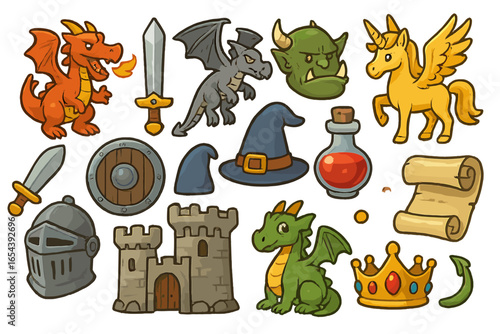 Big set of cartoon fantasy icons. Medieval RPG game assets. Cute dragon, unicorn, castle, knight, orc, sword, potion, crown, wizard hat. Vector clip art elements collection.
