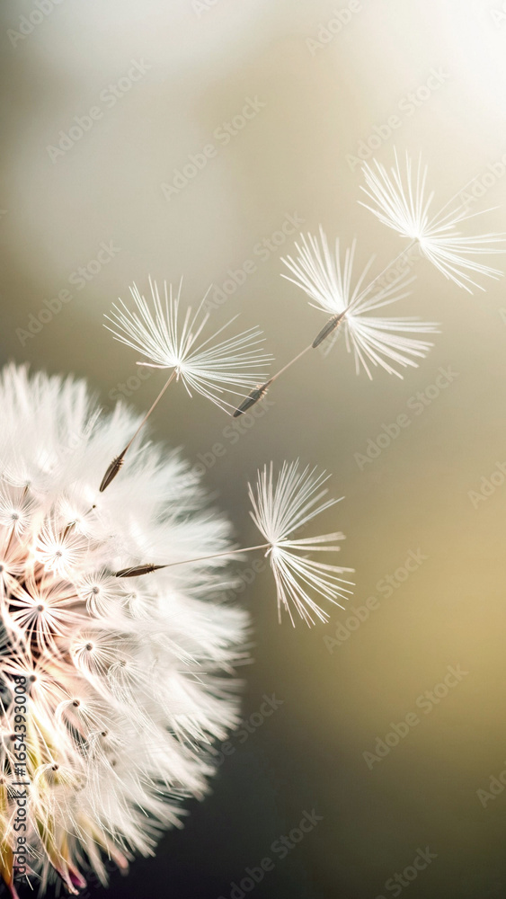 Fototapeta premium close up dandelion flower with its seed blowing away in the wind in pastel beige and gray background