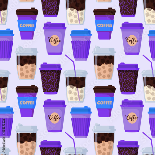 A lively, seamless pattern showcasing a group of disposable coffee cups with violet elements. Geometric background design. Ideal for print, wallpaper, textiles, and wrapping paper. Hand-drawn vector