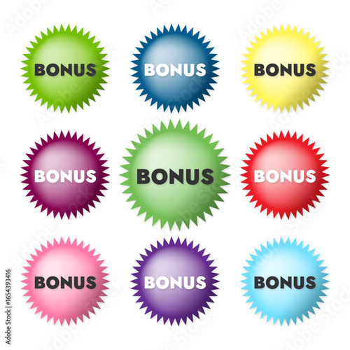 Set of colored vector flat objects with bonus text in different colors volumetric 3D object