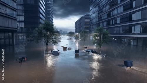 City street flooded with water between tall buildings and submerged cars. Concept of disaster and climate change.