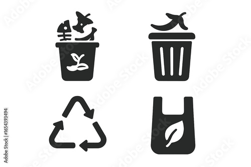 Food waste management icon set. Solid glyph vector symbols for sorting organic leftovers. Compost bin, trash can, recycling sign, and biodegradable bag. Ecology concept design.