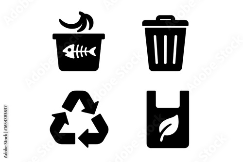 Food waste management vector icon set. Solid glyph icons for compost, organic recycling, trash segregation, and biodegradable packaging. Eco friendly garbage disposal symbols.