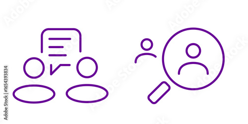 Purple Line Art Icons: Team Collaboration, Document Review, and Candidate Search.