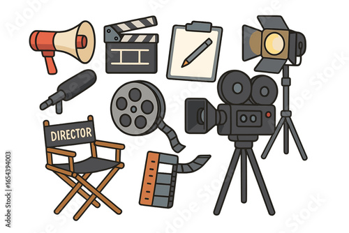 Film production icon set. Movie making equipment collection. Cinema director tools concept. Vector cartoon illustration of camera, clapperboard, light, mic and film reel.