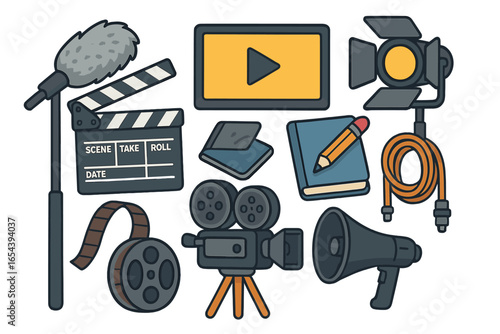 Set of film production equipment. Movie making tools icon collection. Cinema industry objects. Vector cartoon illustration of camera, clapperboard, light, mic, and reel.