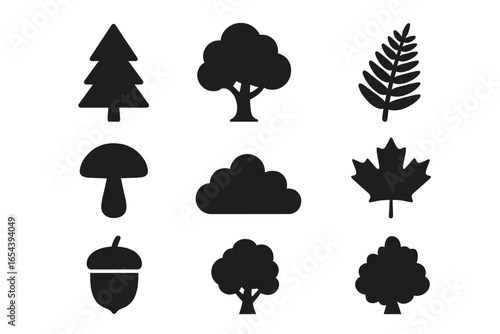 Forest icons set. Solid glyph collection of woodland elements. Vector silhouettes of pine tree, oak, fern, mushroom, bush, maple leaf and acorn. Nature symbols for design.