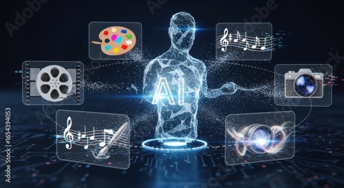 A futuristic artificial intelligence concept visualized as a sleek abstract digital entity analyzing and recreating various creative media representing the transformative power of