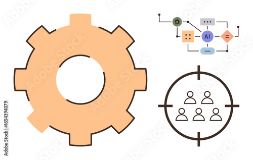 Gear cog, AI decision-making workflow with nodes, and human group inside target icon. Ideal for technology, system optimization, AI integration, user targeting, team strategy, automation