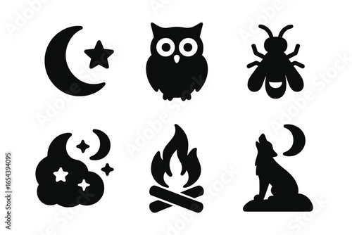 Forest Night Icons. Solid filled vector set of forest elements like moon, star, owl, firefly, campfire, night sky, and wolf howl. Wilderness and nocturnal animal concepts.