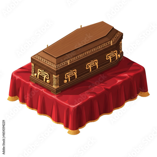 Wooden coffin on red cloth, symbolizing farewell and eternal rest.