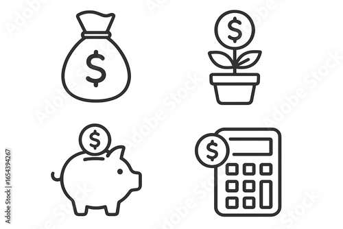 Financial icon set. Money management. Saving and budgeting concepts. Minimalist line art. Investment growth symbol. Piggy bank, calculator, money bag. Vector illustration.
